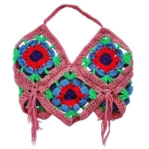2048 * Handmade Granny Square Halter Crop Top Rose Blue Red Size Unknown